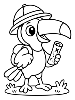 An adventurous toucan coloring page featuring a bird in a safari hat holding a treasure map.