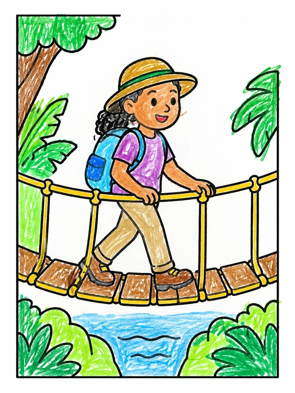 Colored example of the Explorer Walking Across Suspension Bridge coloring page