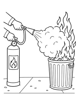 Action scene on this fire extinguisher coloring page putting out a burning trash can.