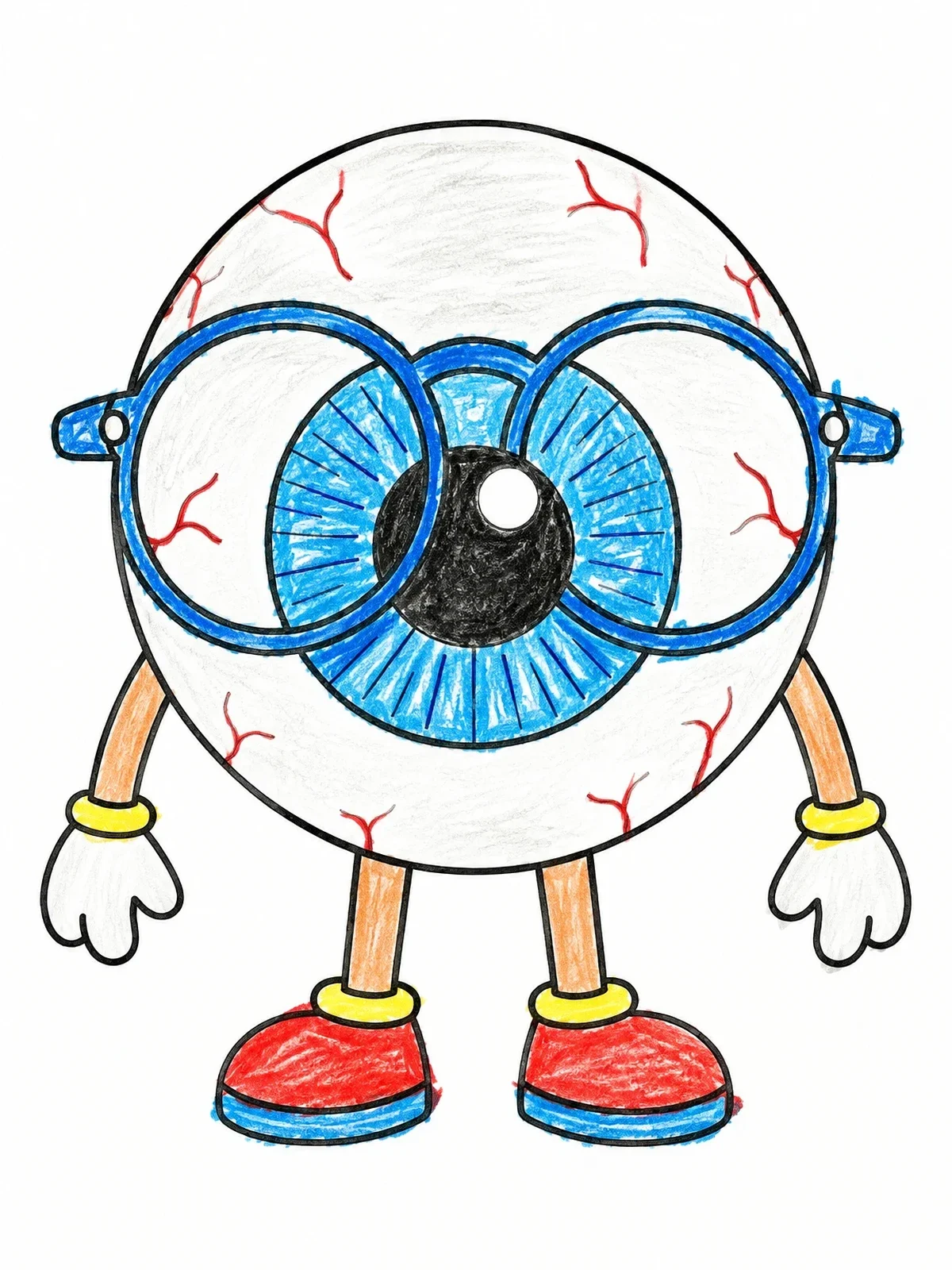 Colored example of the Cartoon Eyeball Character Wearing Glasses coloring page