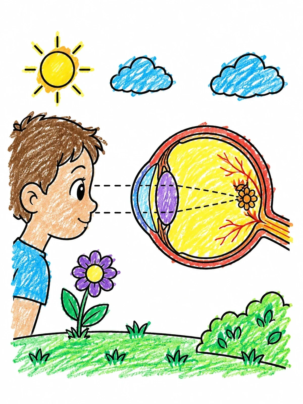 Colored example of the Child And Eye Anatomy Diagram coloring page