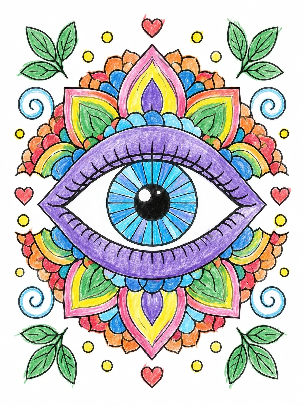 Colored example of the Decorative Eye Mandala coloring page
