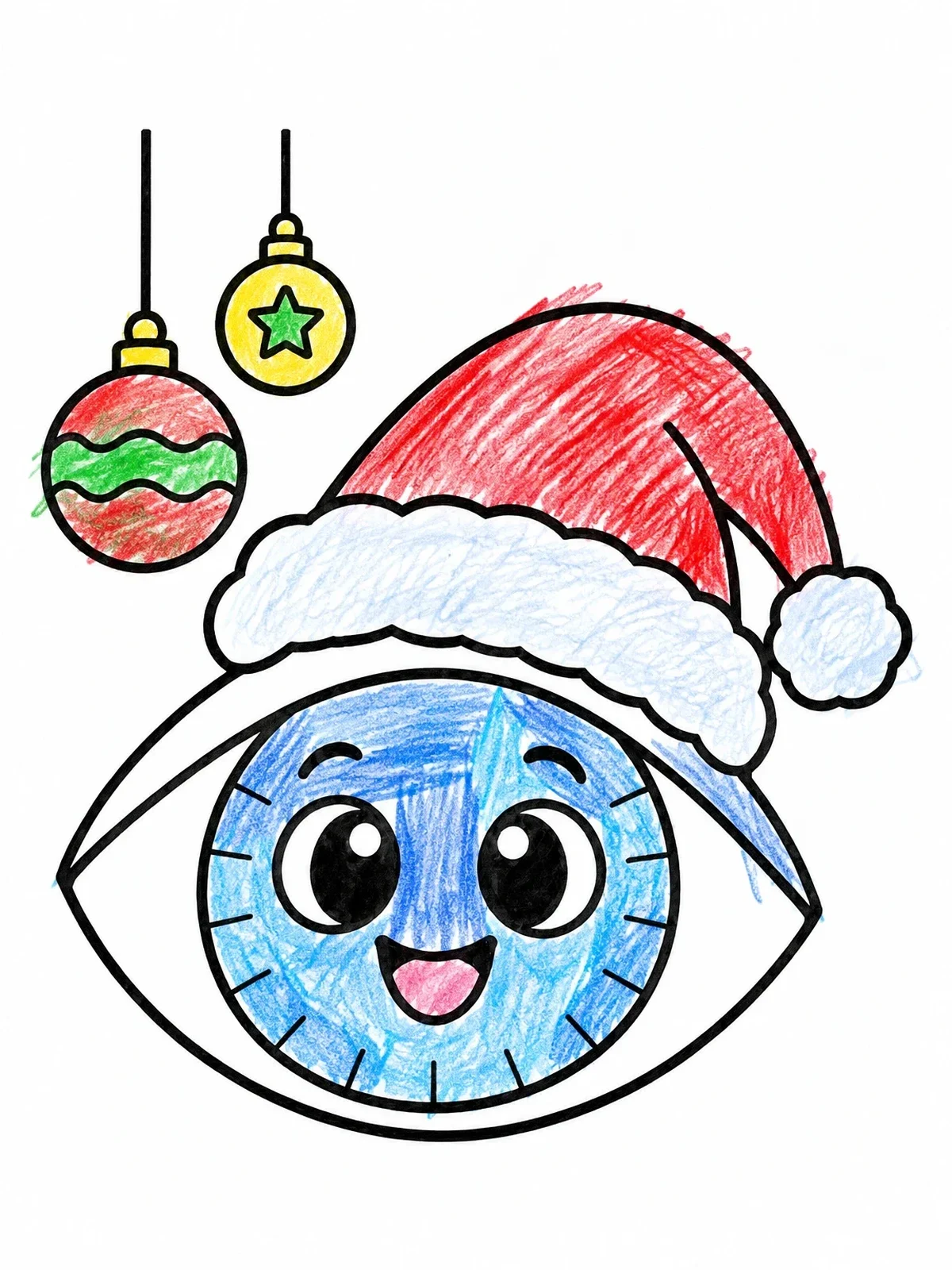 Colored example of the Festive Cartoon Eye With Santa Hat coloring page