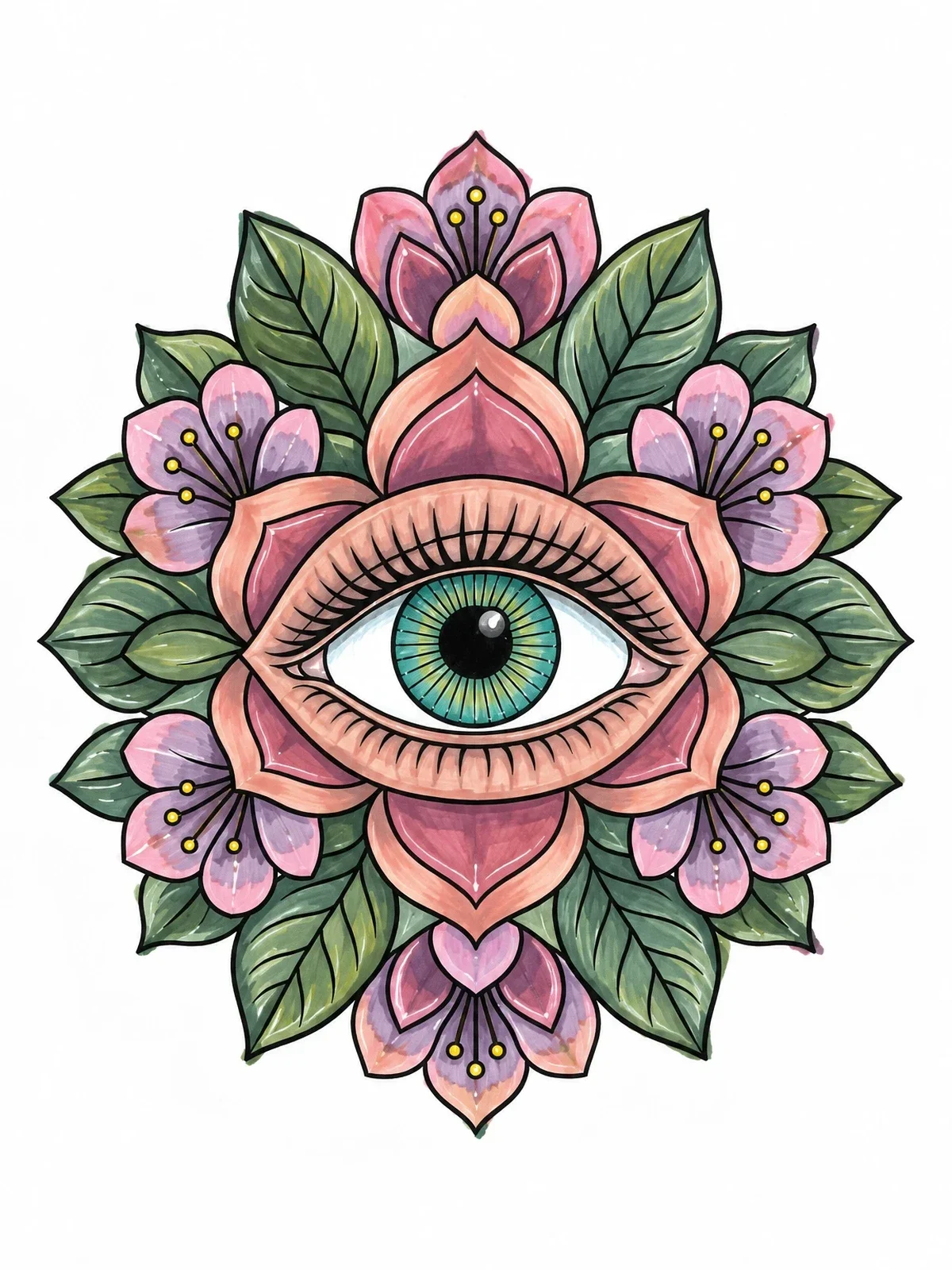 Colored example of the Floral Mandala With Human Eye coloring page