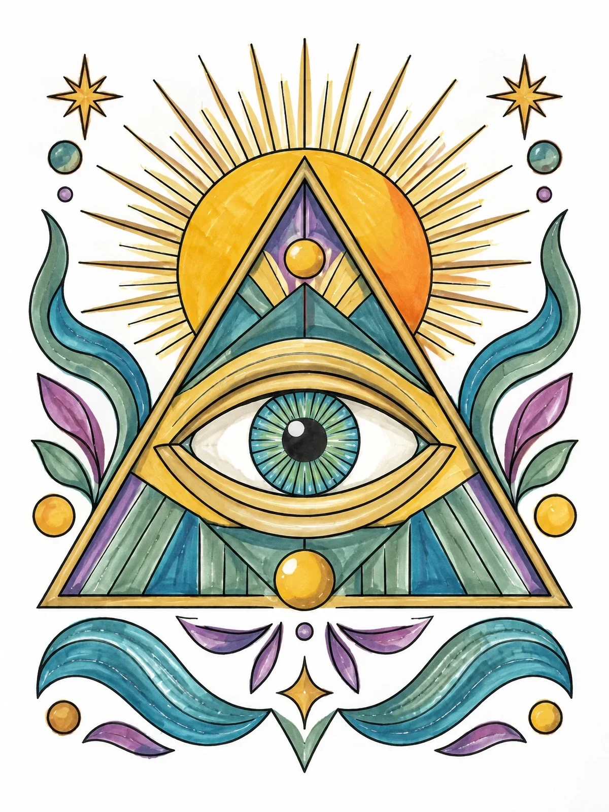 Colored example of the Geometric Eye In Pyramid With Sunburst coloring page