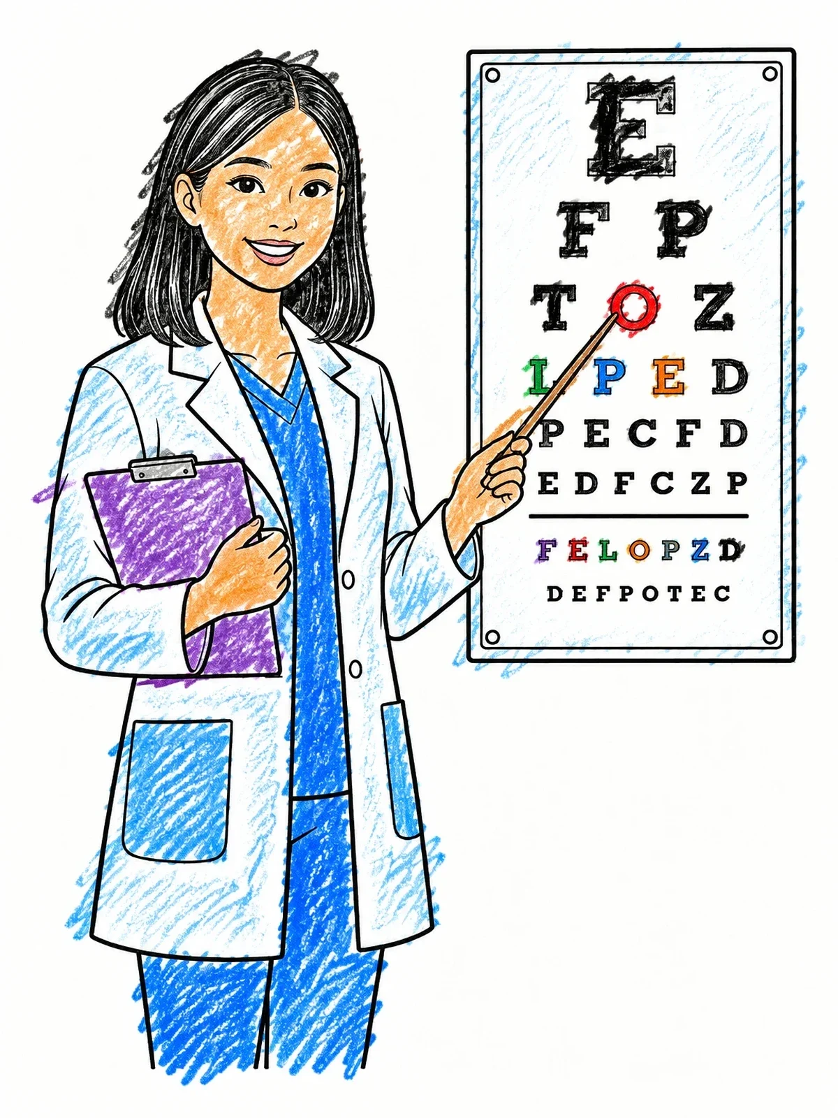 Colored example of the Optometrist With Snellen Chart coloring page