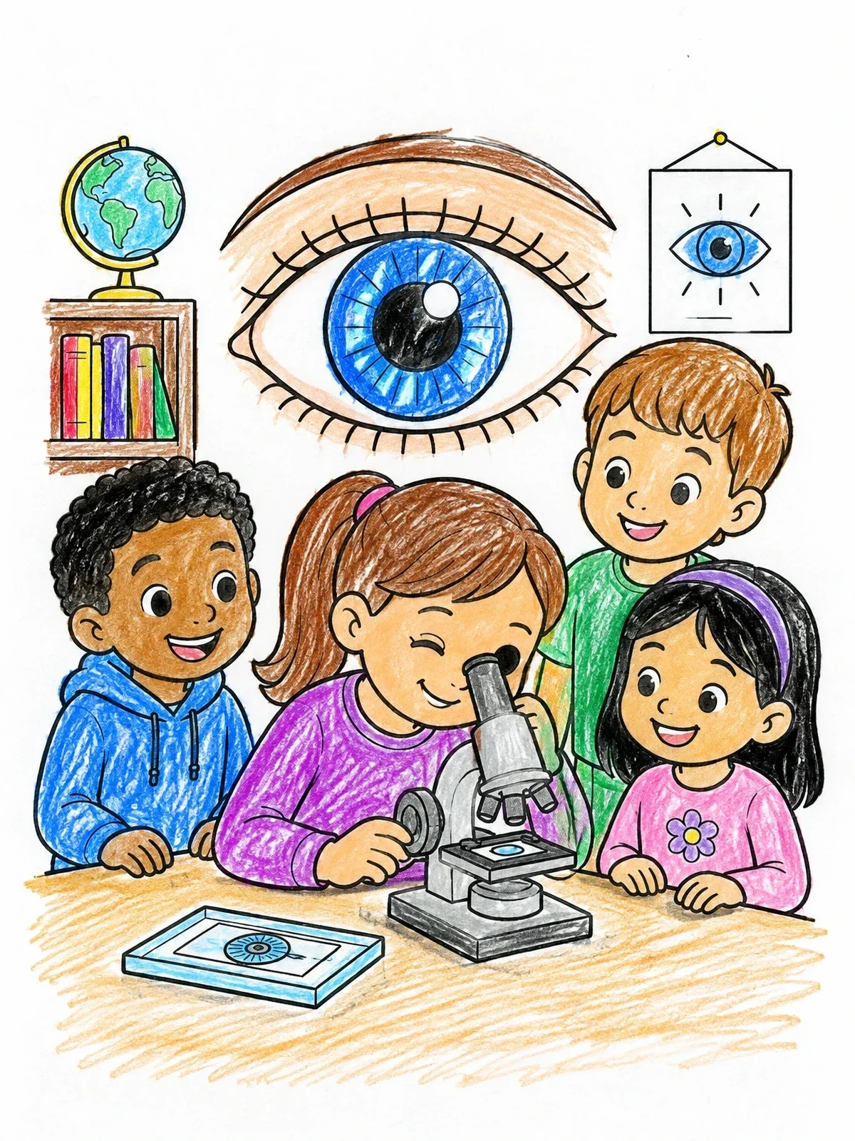 Colored example of the Students Examining Eye Through Microscope coloring page