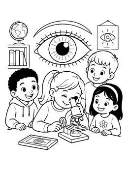 Free printable Students Examining Eye Through Microscope coloring page