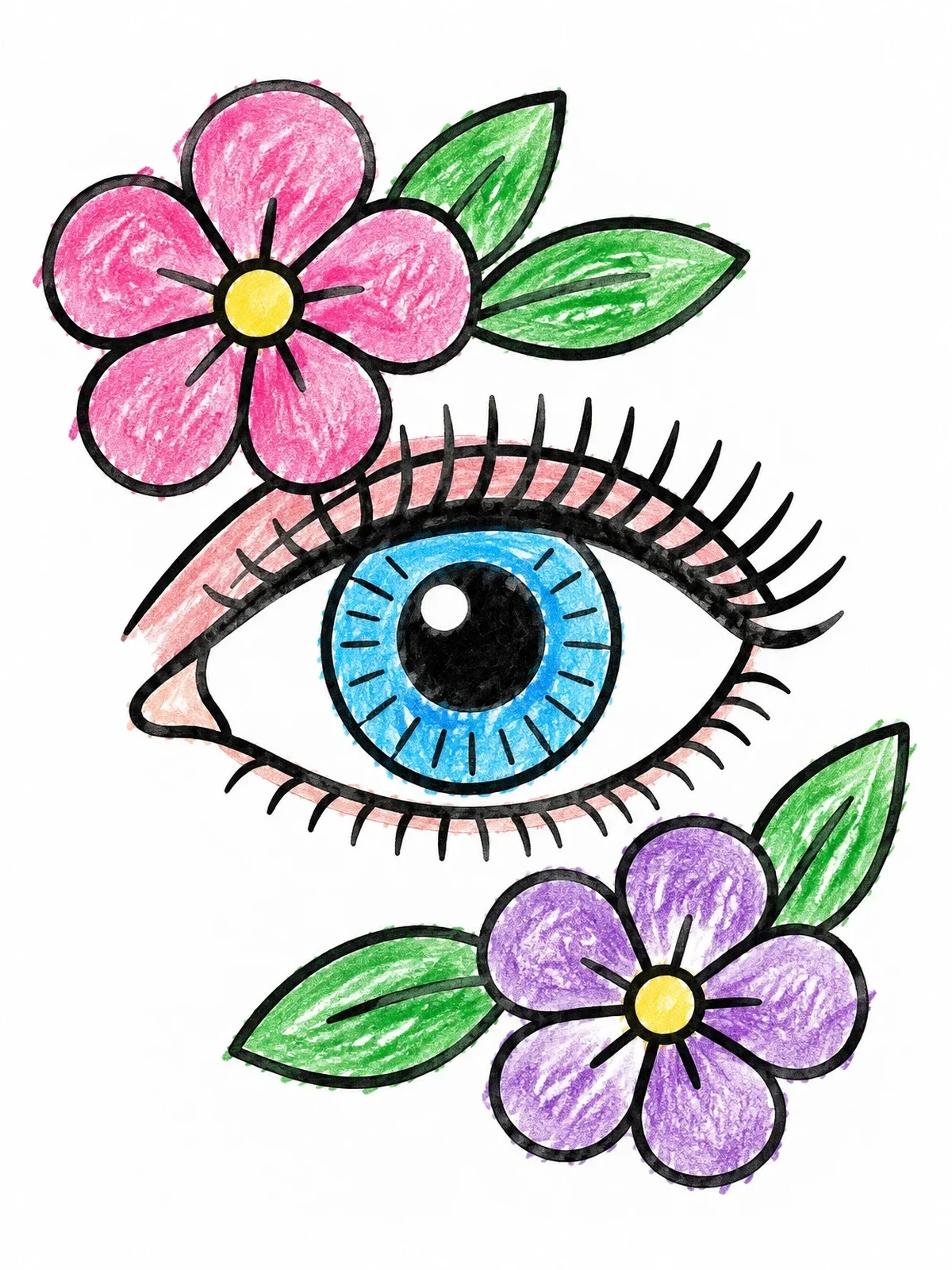 Colored example of the Stylized Eye With Spring Flowers coloring page