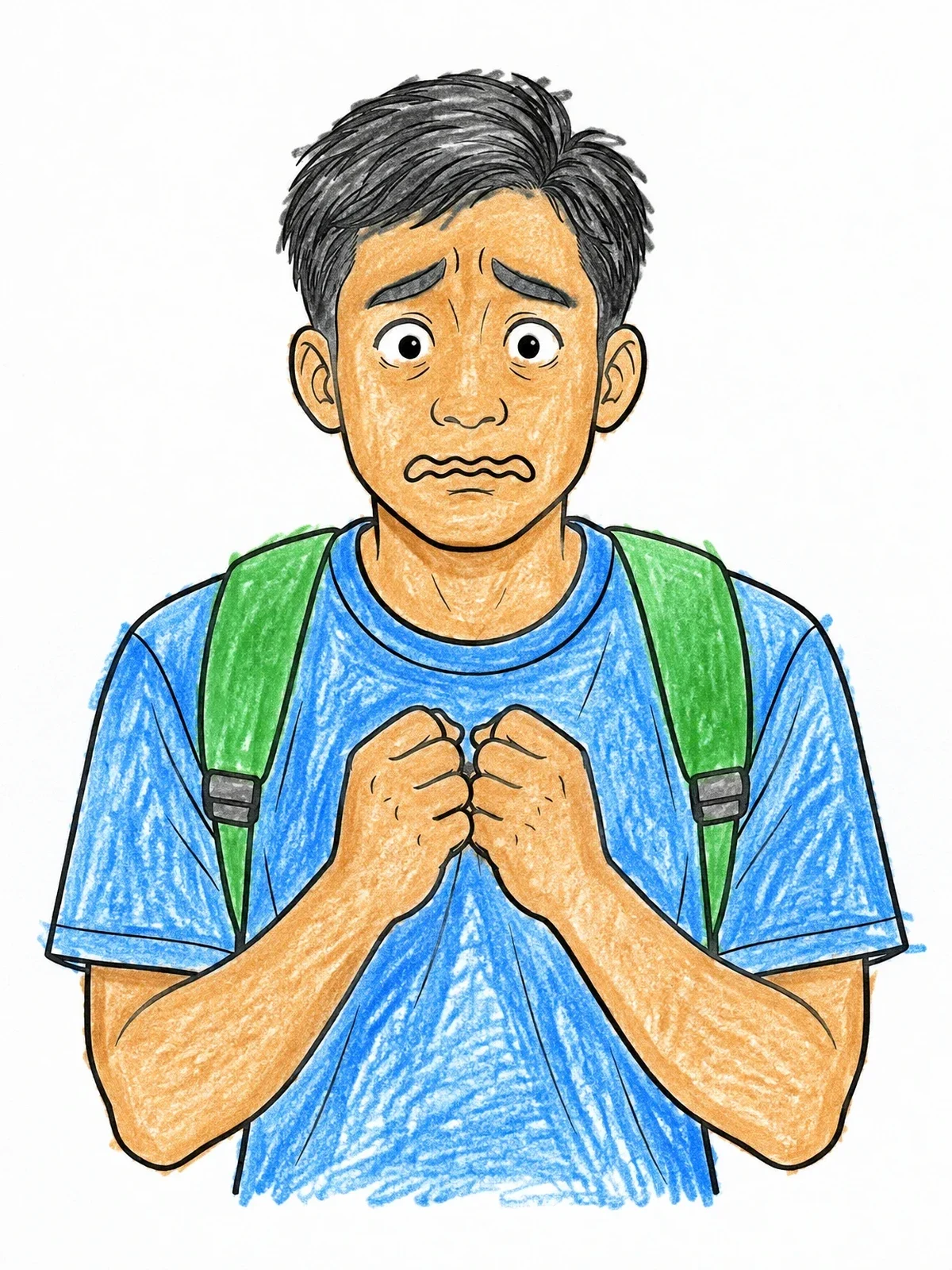 Colored example of the Anxious Young Man With Backpack coloring page