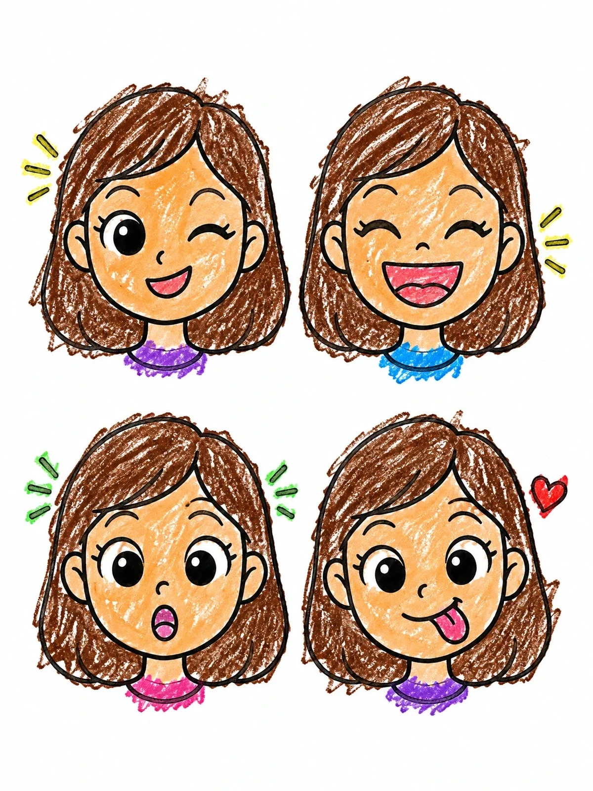 Colored example of the Cartoon Girl Four Cute Expressions coloring page