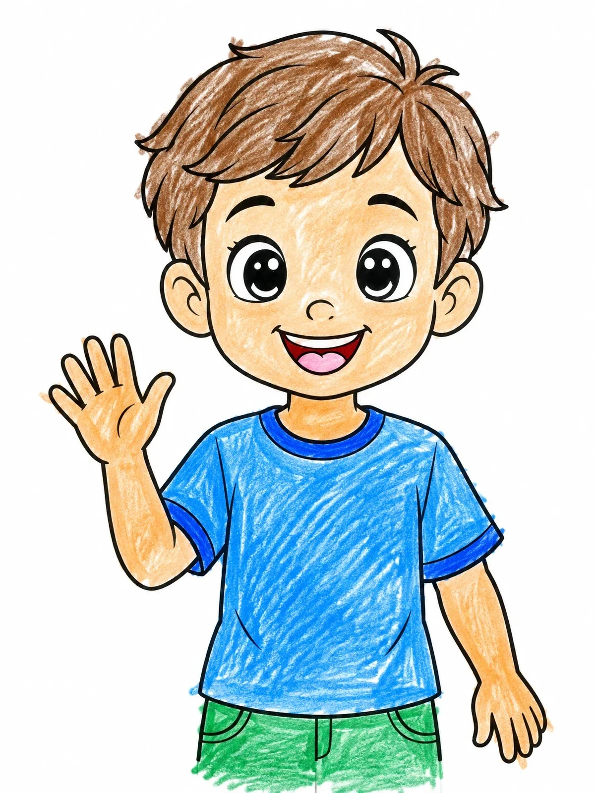 Colored example of the Cheerful Boy Waving Hello coloring page