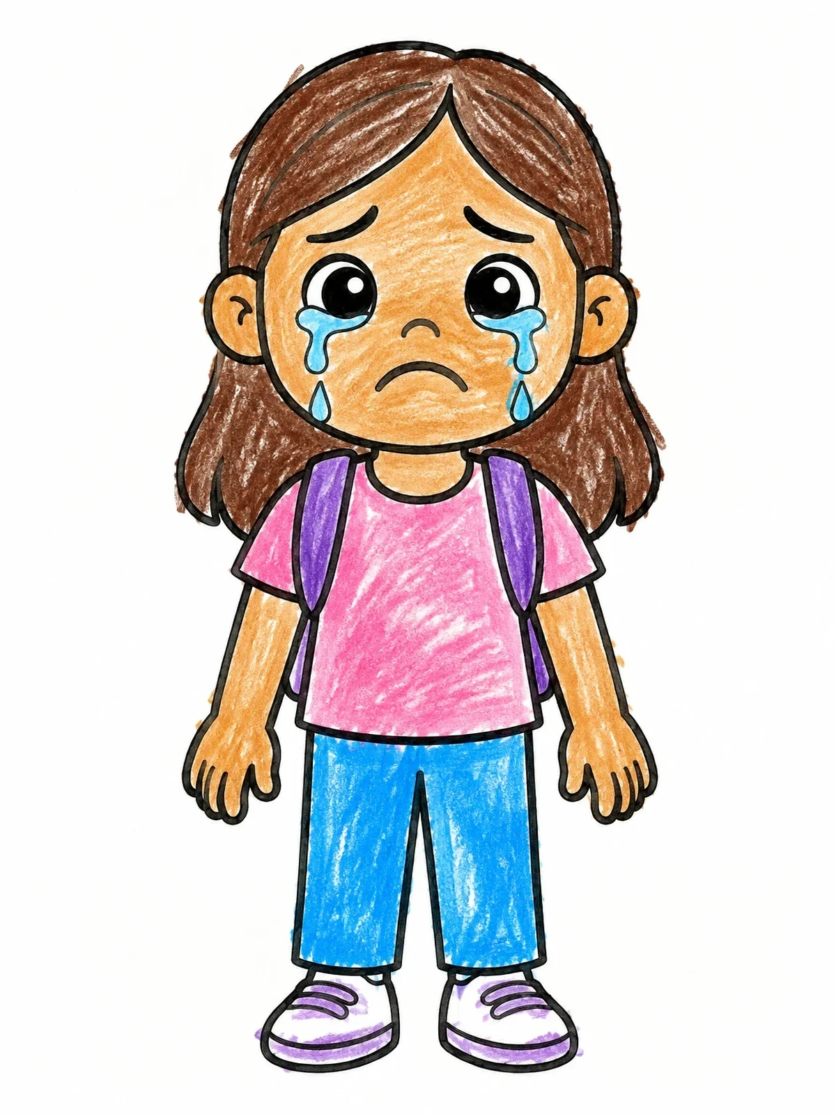 Colored example of the Crying Child With Backpack coloring page