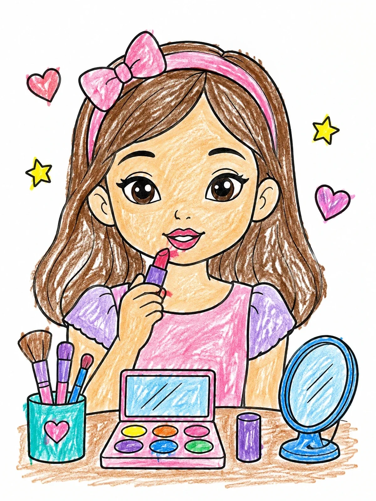 Colored example of the Cute Girl Applying Makeup coloring page