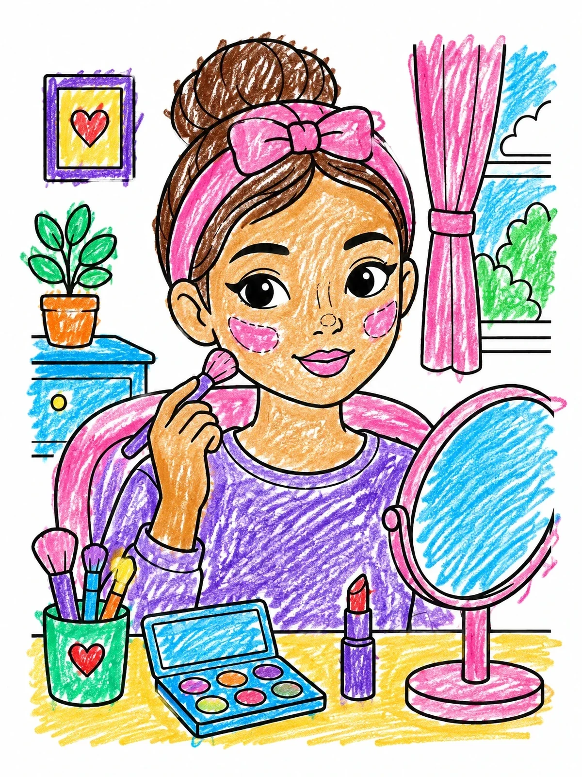 Colored example of the Cute Girl Doing Makeup Routine coloring page