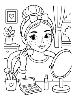 Free printable Cute Girl Doing Makeup Routine coloring page