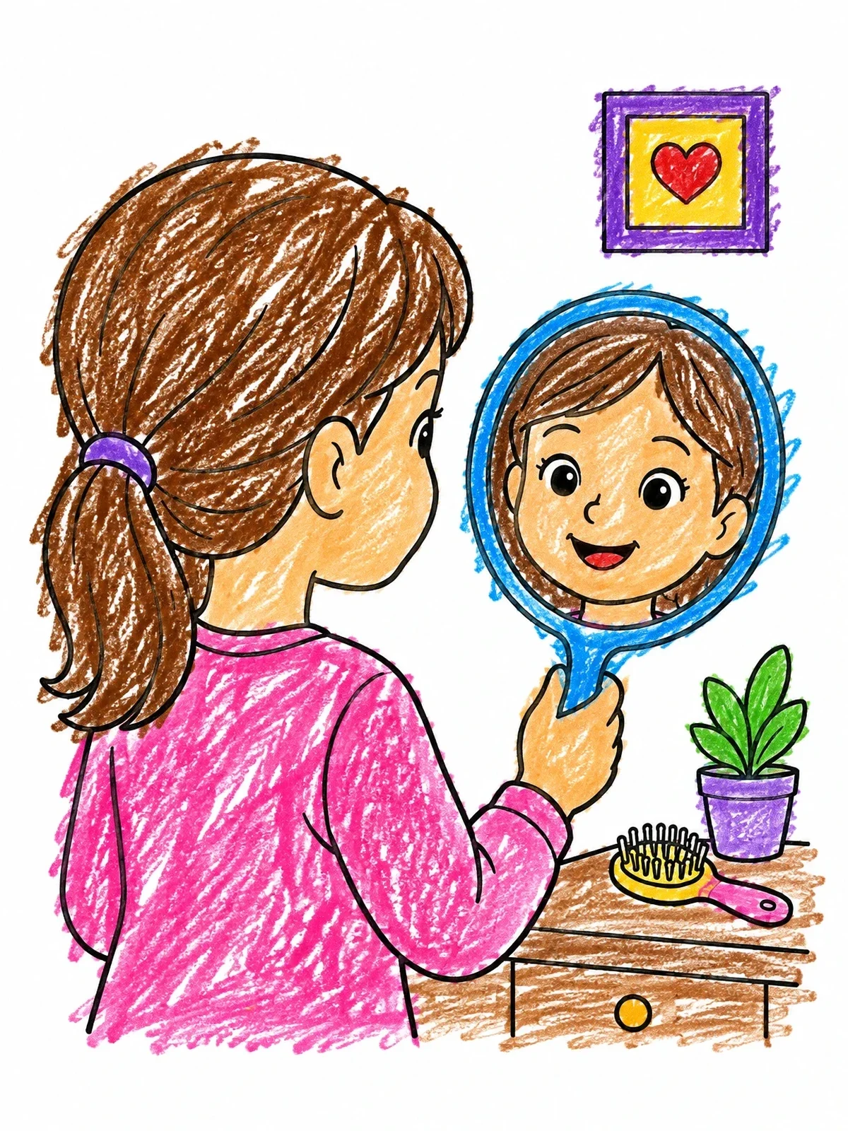 Colored example of the Girl Looking Into Handheld Mirror coloring page