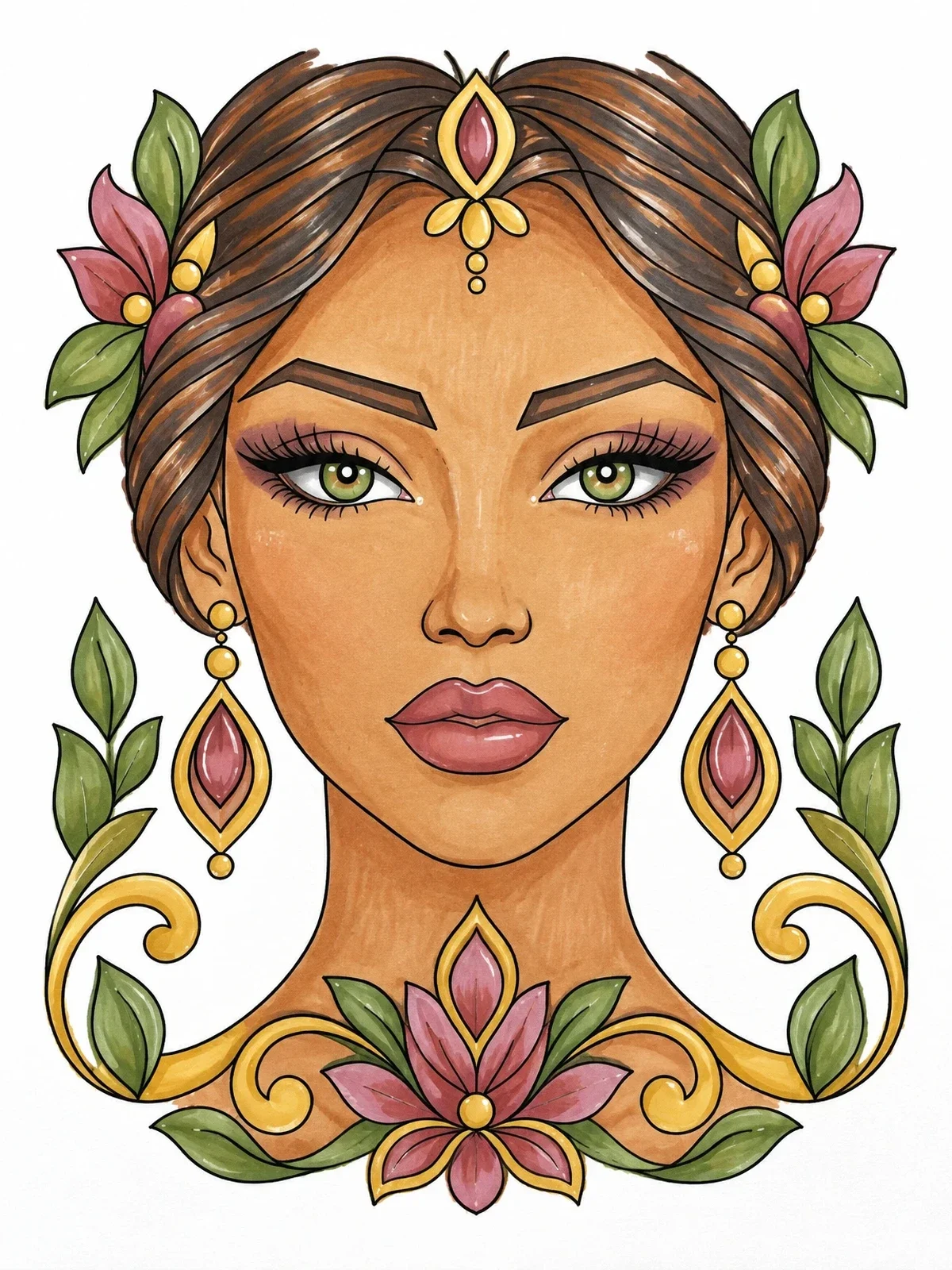 Colored example of the Glamorous Woman With Floral Ornaments coloring page