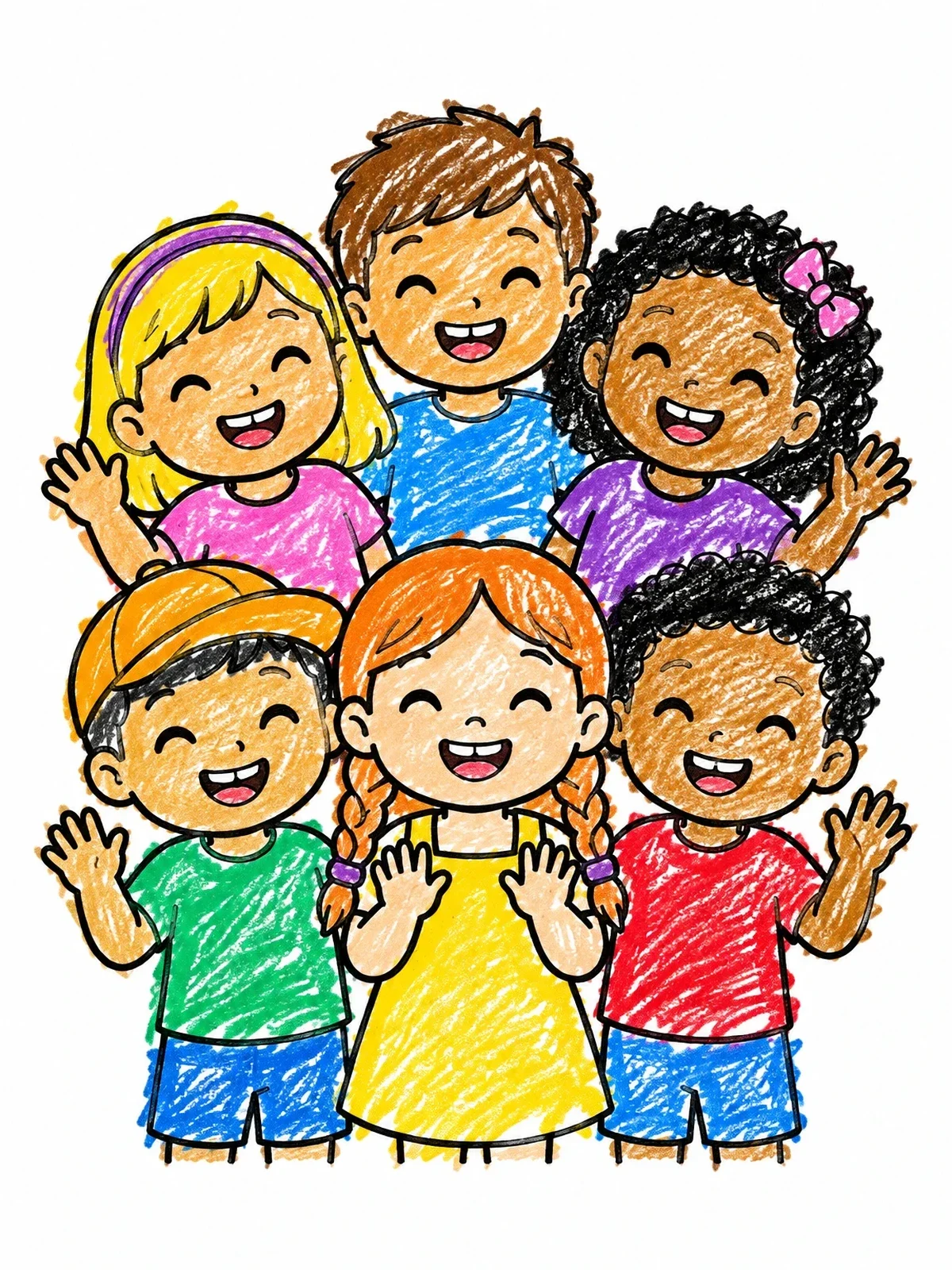Colored example of the Happy Smiling Children Waving Together coloring page