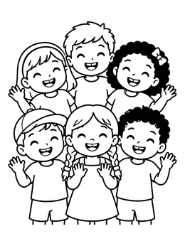 Free printable Happy Smiling Children Waving Together coloring page