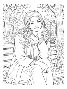 Free printable Autumn Girl On Park Bench coloring page