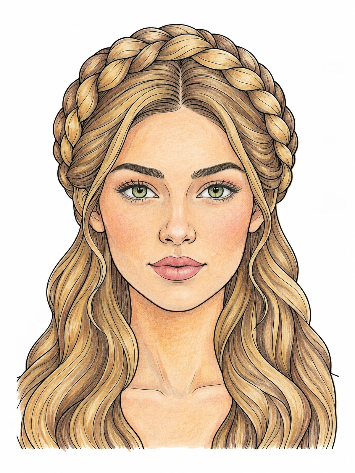 Colored example of the Braided Crown Girl Portrait coloring page