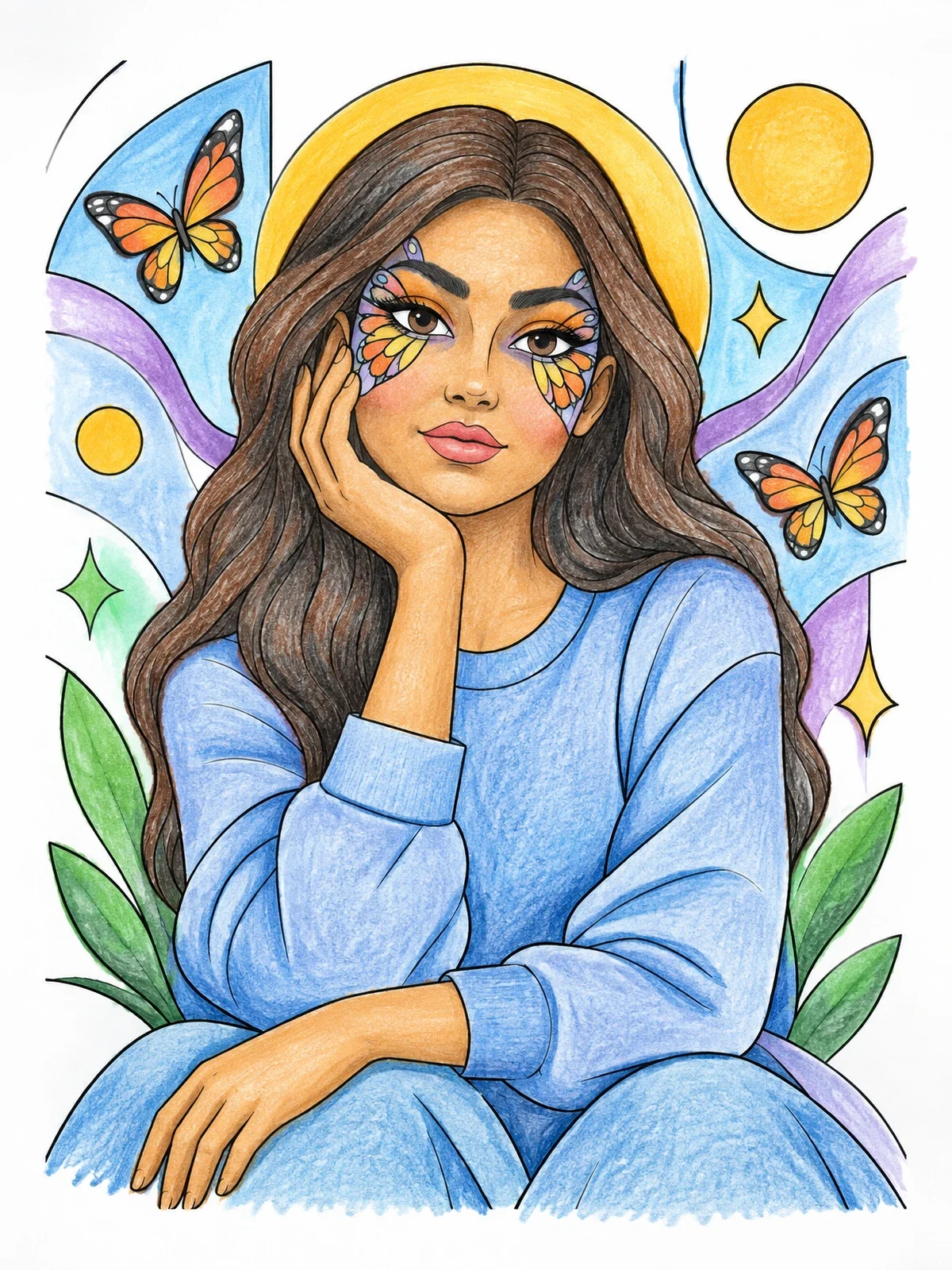 Colored example of the Butterfly Wing Eye Makeup Portrait coloring page