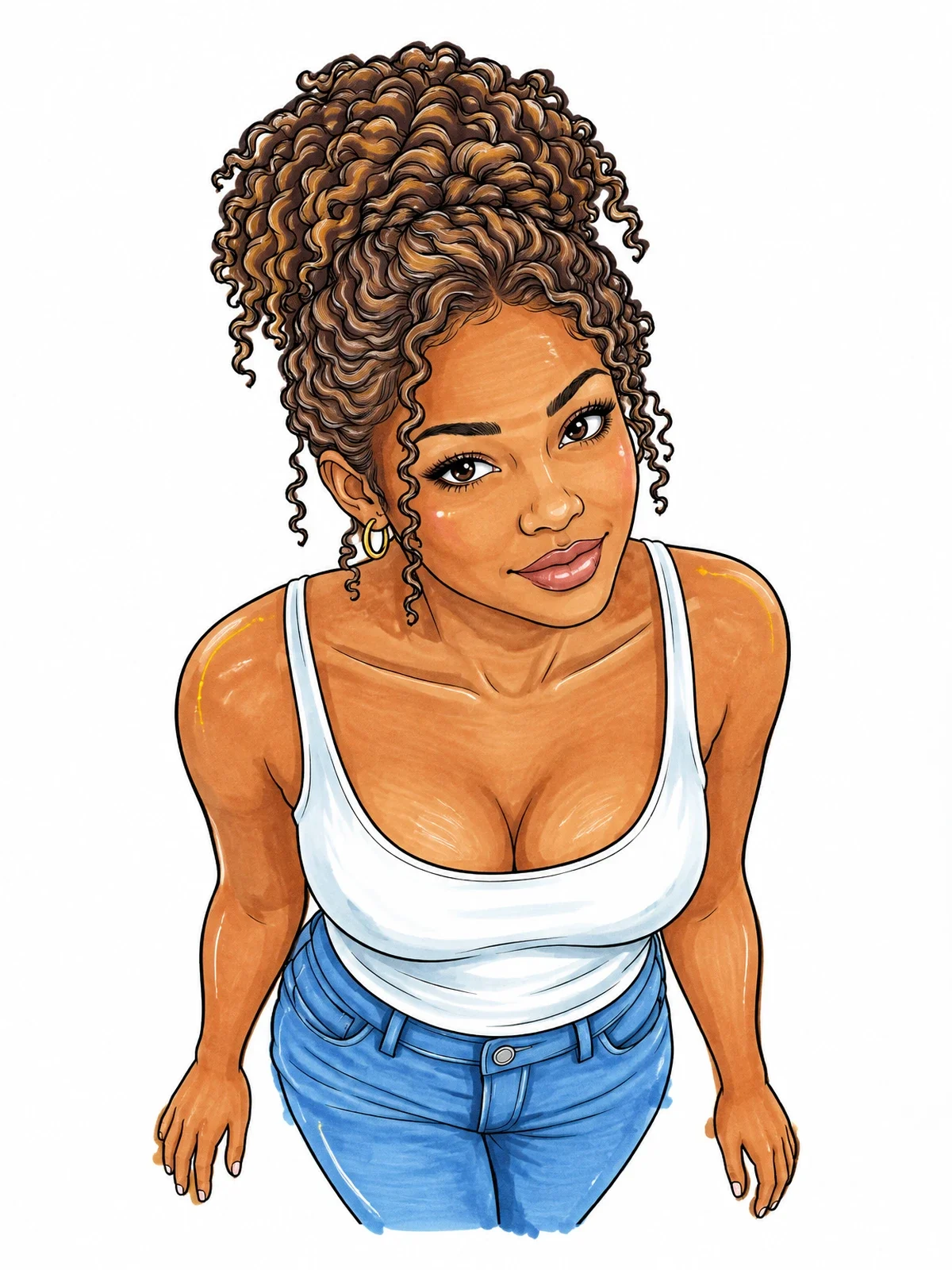 Colored example of the Curly Haired Girl High Angle Portrait coloring page