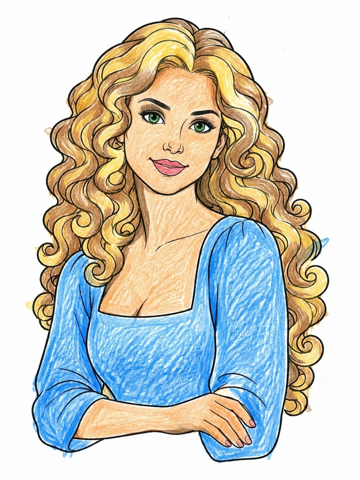 Colored example of the Curly Haired Woman Portrait coloring page