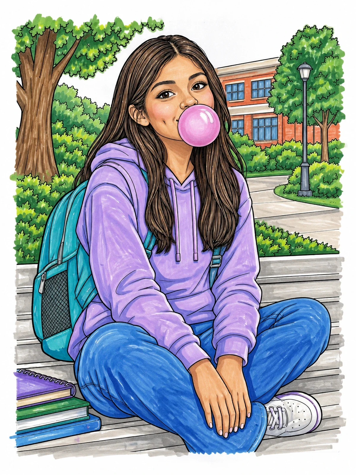 Colored example of the Girl Blowing Bubblegum On Campus Steps coloring page