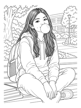 Free printable Girl Blowing Bubblegum On Campus Steps coloring page