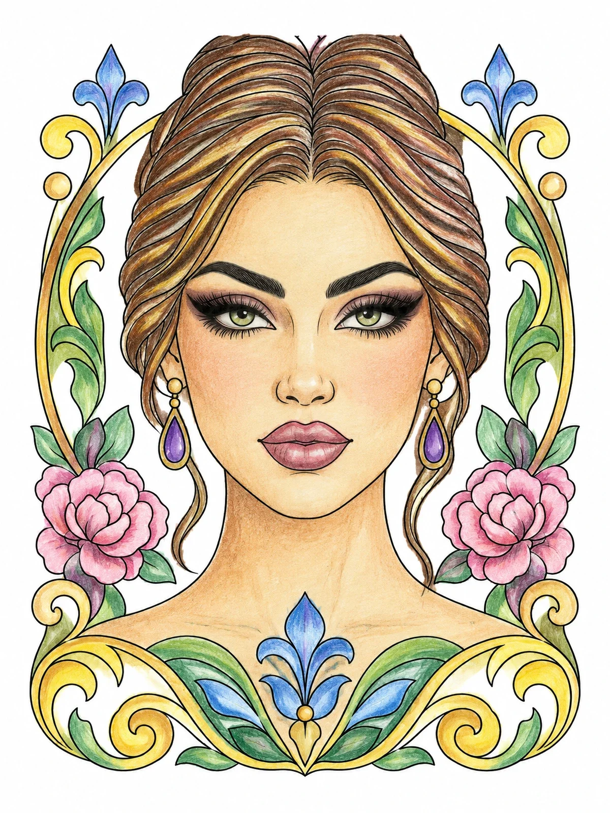 Colored example of the Glamorous Woman Portrait With Floral Frame coloring page