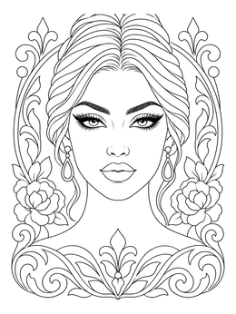 Free printable Glamorous Woman Portrait With Floral Frame coloring page