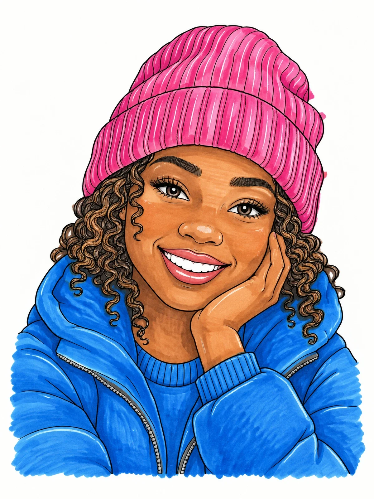 Colored example of the Smiling Girl In Knit Beanie coloring page