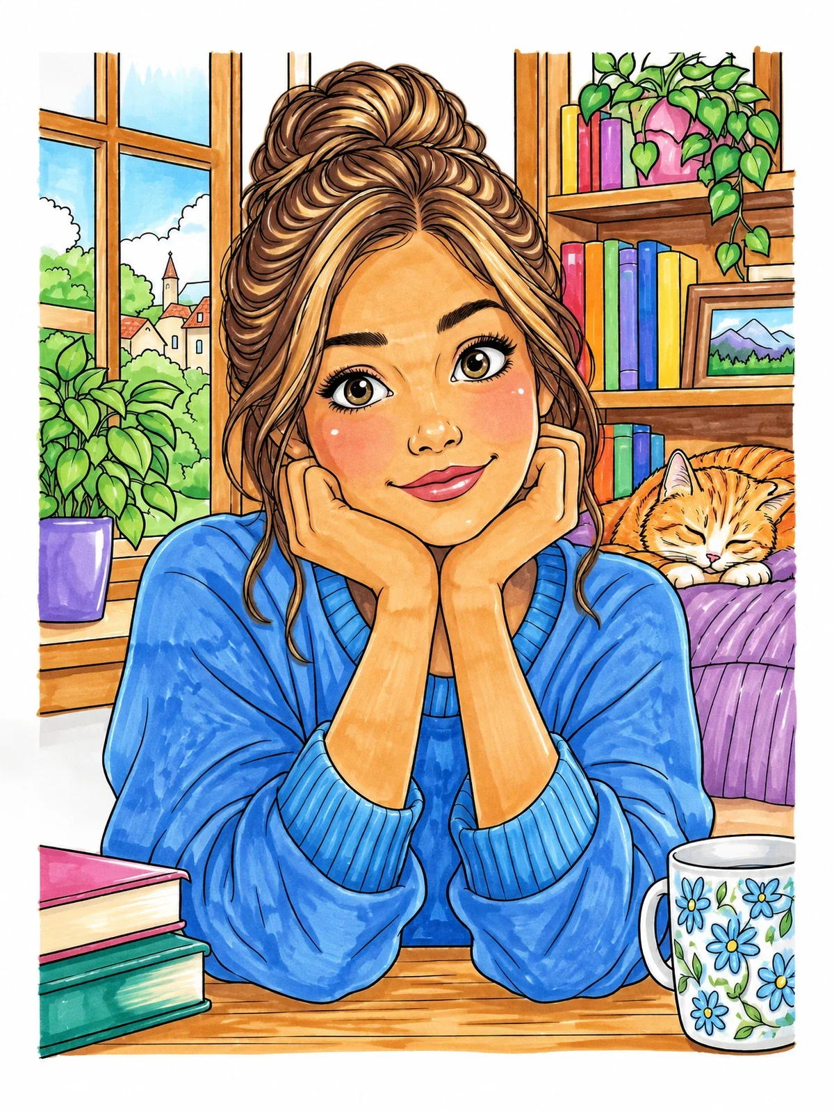 Colored example of the Smiling Girl Resting On Her Hands coloring page