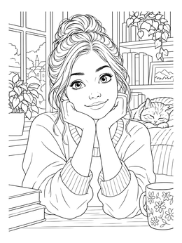 Free printable Smiling Girl Resting On Her Hands coloring page