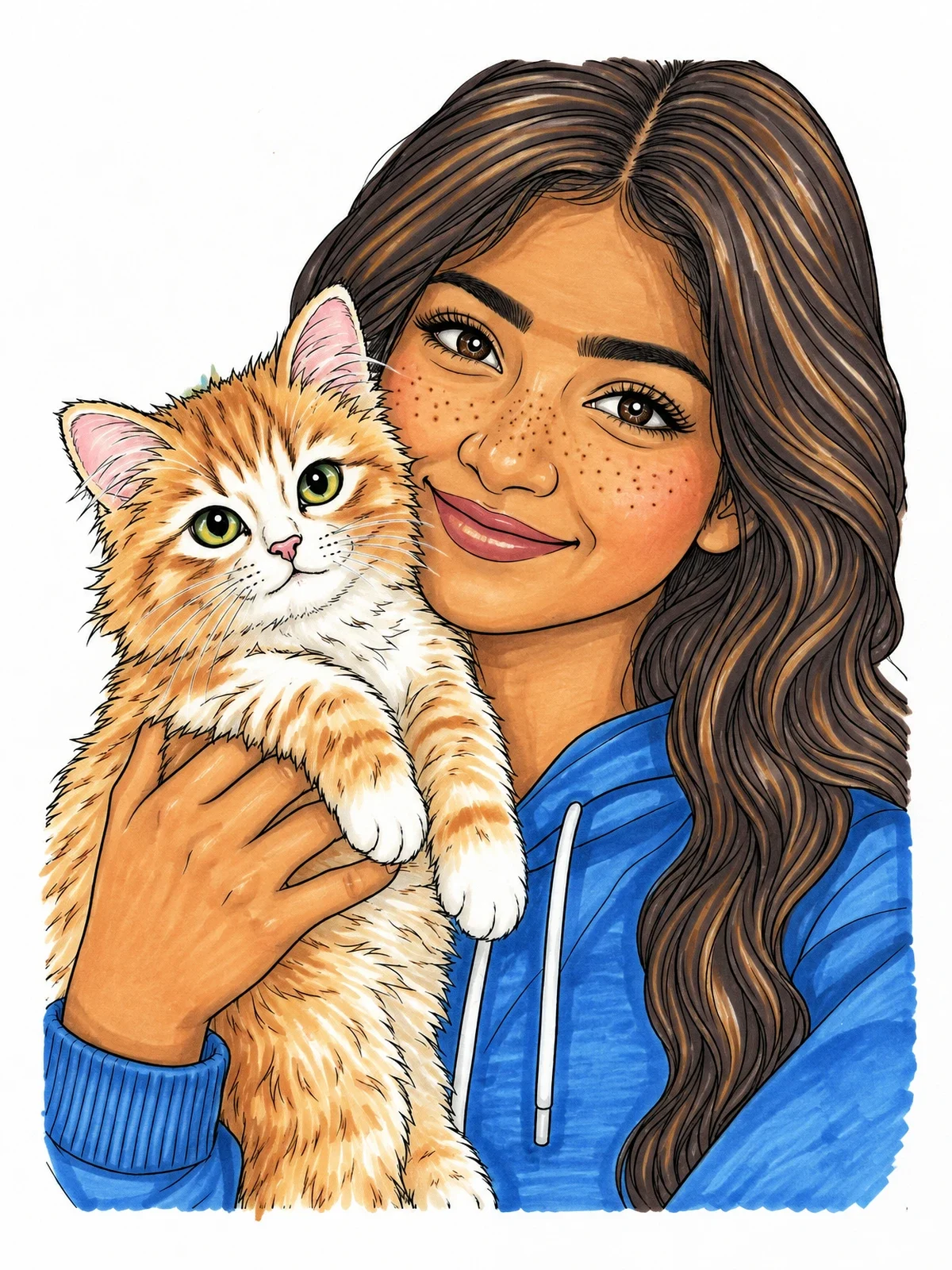 Colored example of the Smiling Girl With Fluffy Kitten coloring page