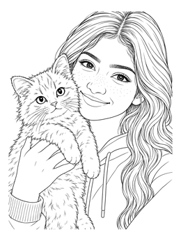 Free printable Smiling Girl With Fluffy Kitten coloring page