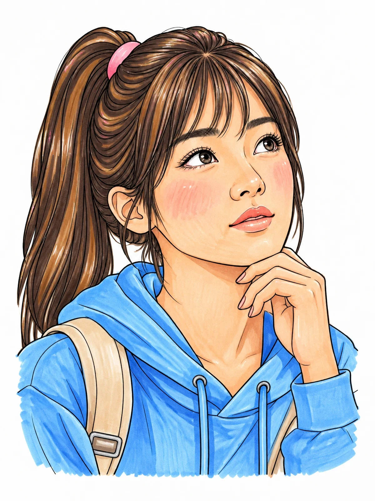 Colored example of the Thoughtful Girl In Ponytail Portrait coloring page