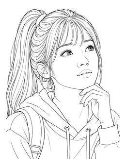 Free printable Thoughtful Girl In Ponytail Portrait coloring page