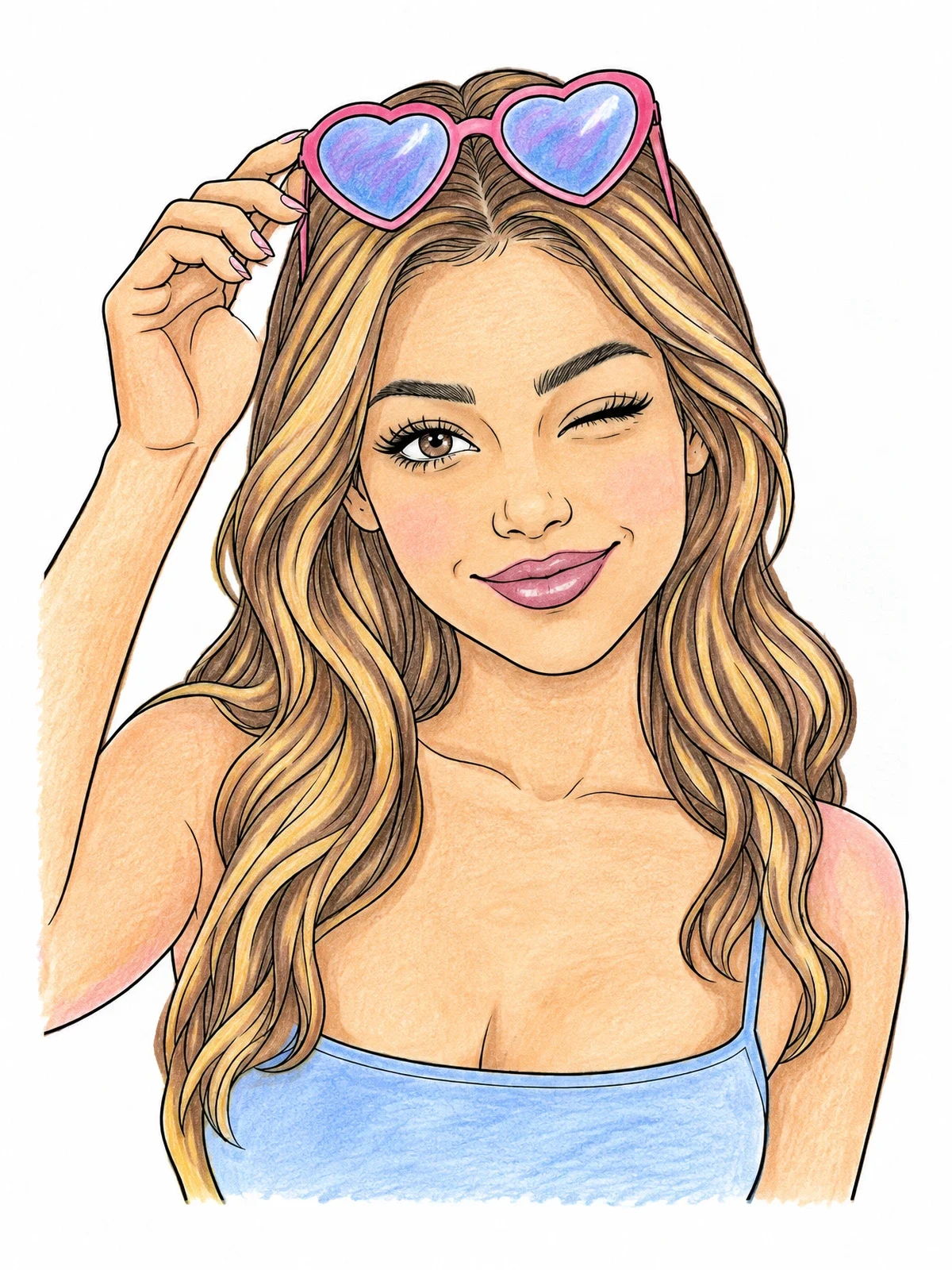 Colored example of the Winking Girl With Heart Sunglasses coloring page