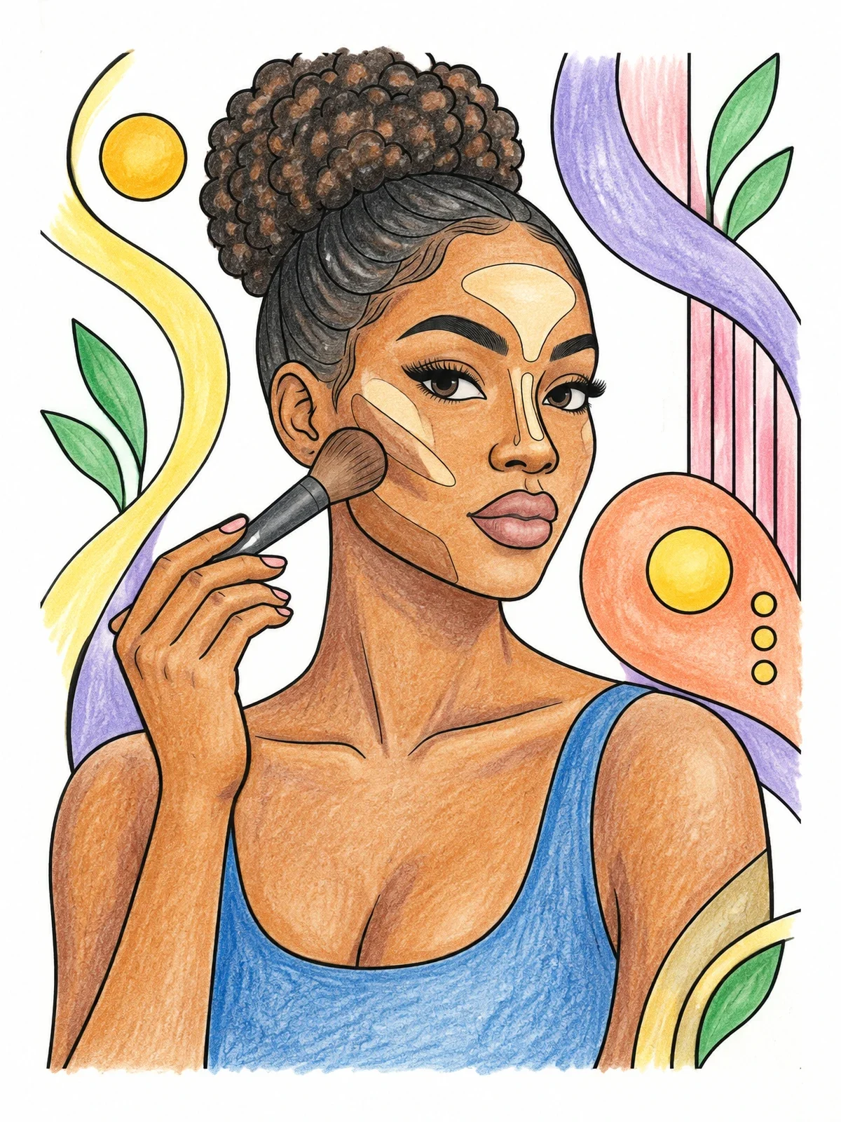 Colored example of the Woman Applying Makeup Contour Lines coloring page