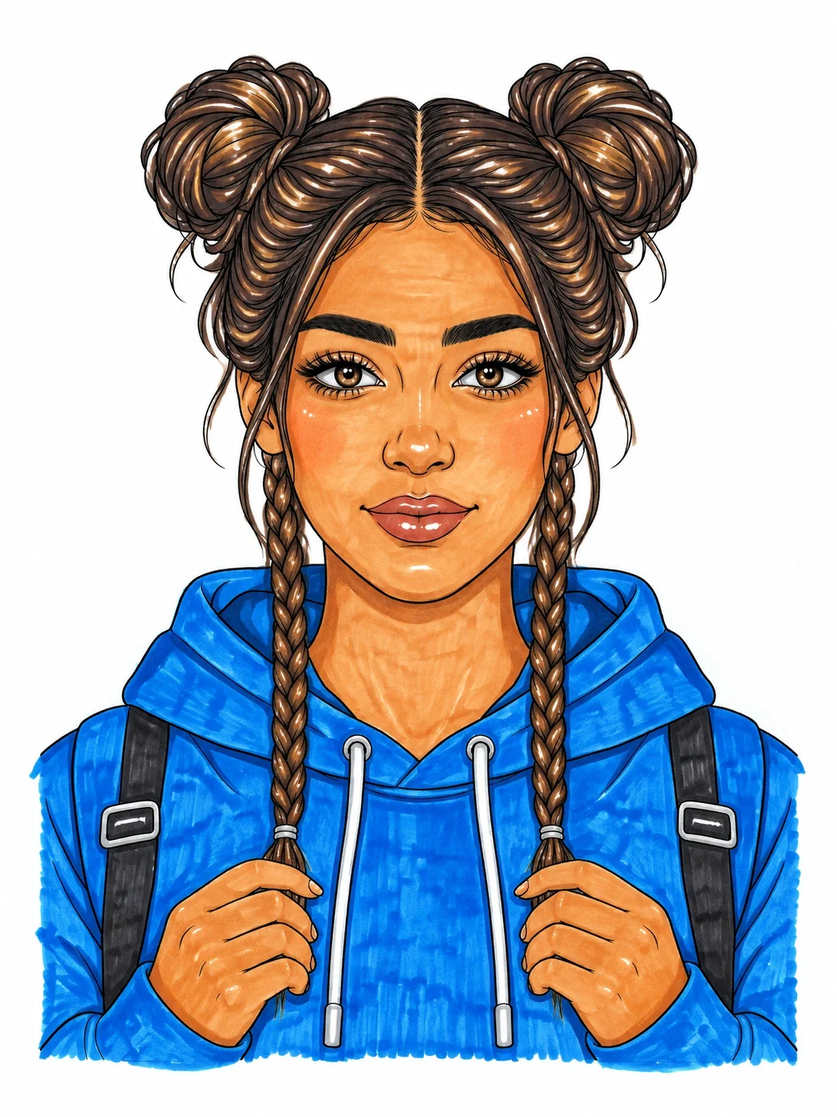 Colored example of the Young Girl With Double Buns Portrait coloring page