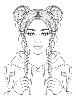 Free printable Young Girl With Double Buns Portrait coloring page
