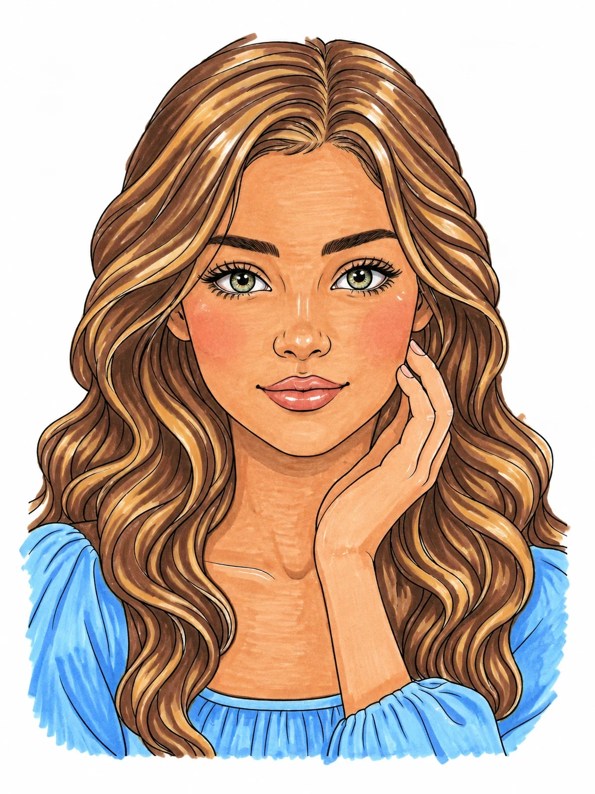 Colored example of the Young Girl With Wavy Hair coloring page