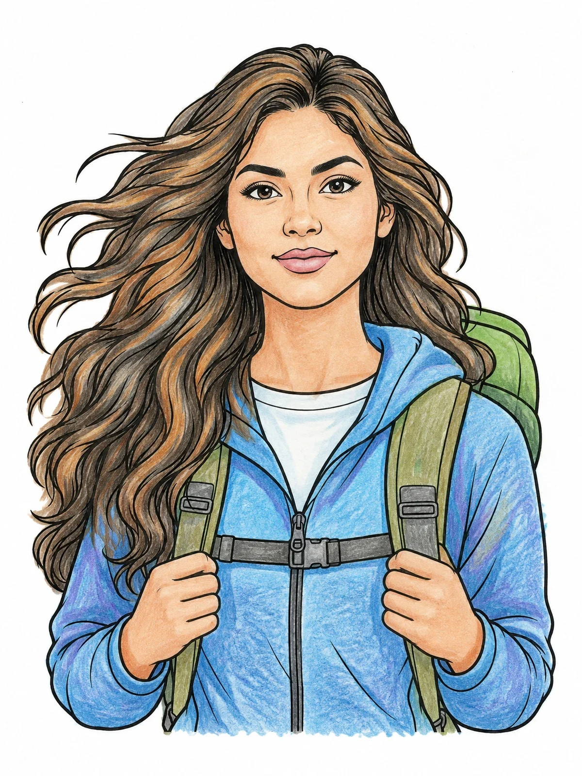 Colored example of the Young Hiker With Flowing Hair Portrait coloring page