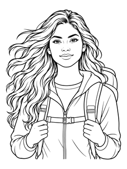 Free printable Young Hiker With Flowing Hair Portrait coloring page
