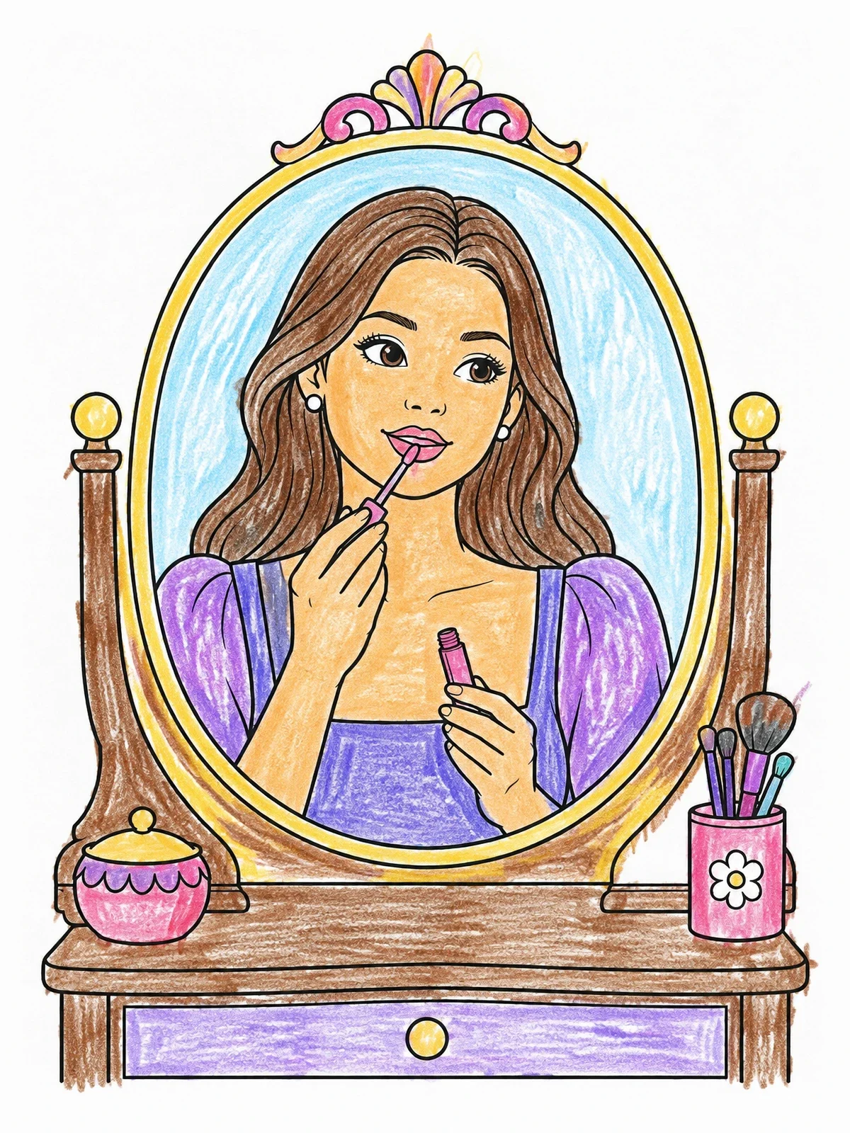 Colored example of the Young Woman At Vanity Mirror coloring page