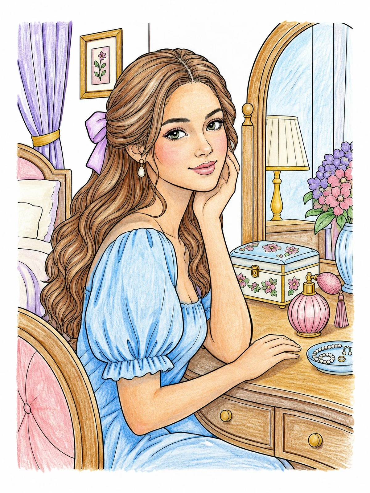 Colored example of the Young Woman At Bedroom Vanity coloring page