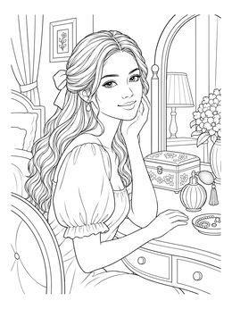 Free printable Young Woman At Bedroom Vanity coloring page